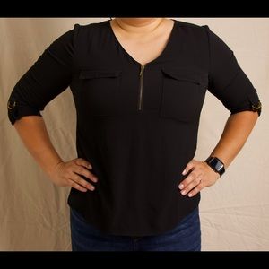 Unique Spectrum large black zipper front mid sleeve blouse large